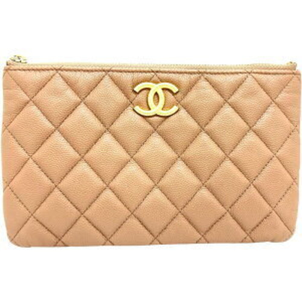 Sale CHANEL Matelasse Clutch Bag Pouch Random Beige Tan Caviar Leather